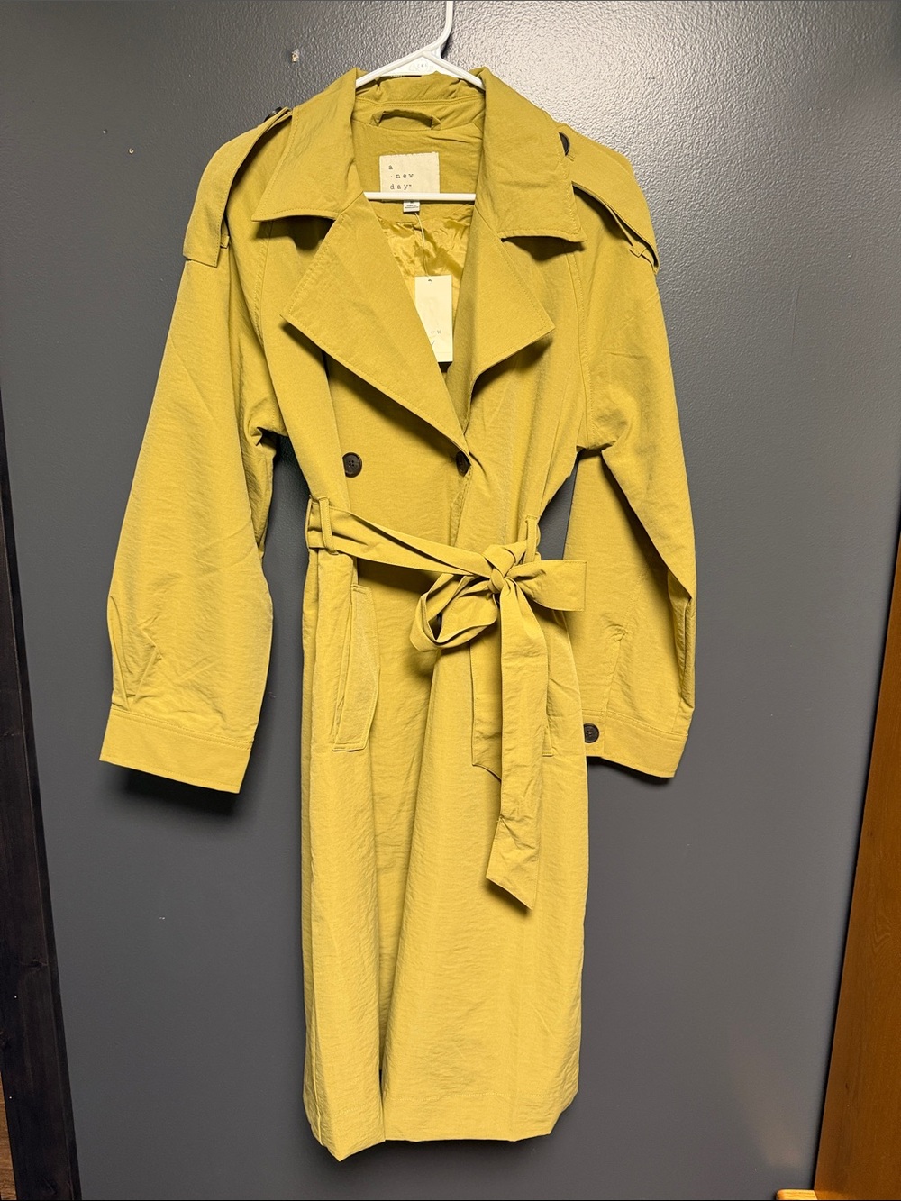 A New Day Chartreuse Belted Long Trench Coat Size M NWT